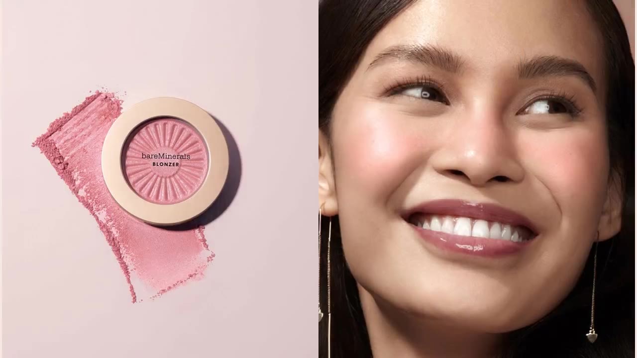 bareMinerals Blonzer campaign: model smiling beside a blush compact